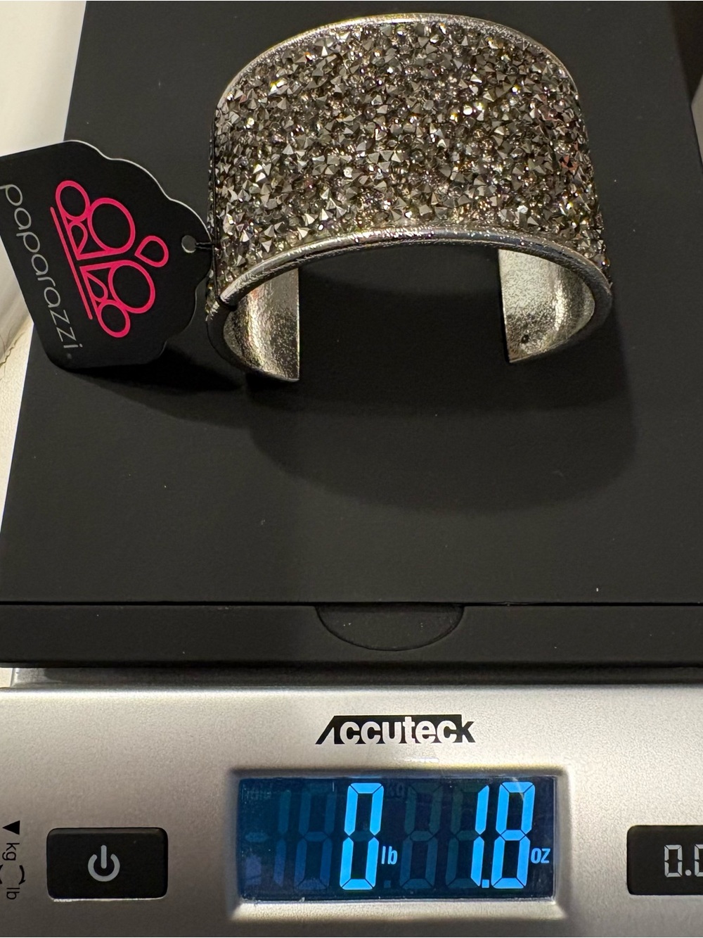 Paparazzi Silver Tone Rhinestone Cuff Bracelet Wide Statement Gunmetal Grey NWT - Picture 6 of 7